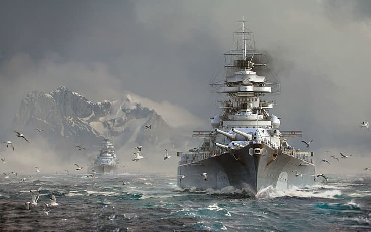 Bismarck (ship), World of Warships, artwork, Battleships, sea, HD wallpaper