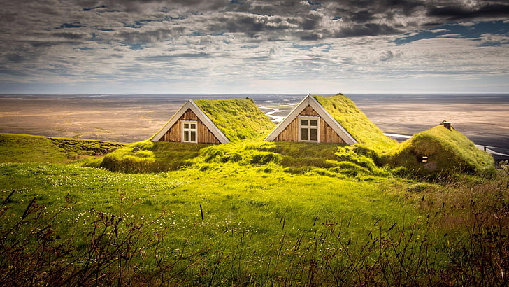 moss, turf house, turf houses, awesome, reykjavik, summer, landscape, HD wallpaper