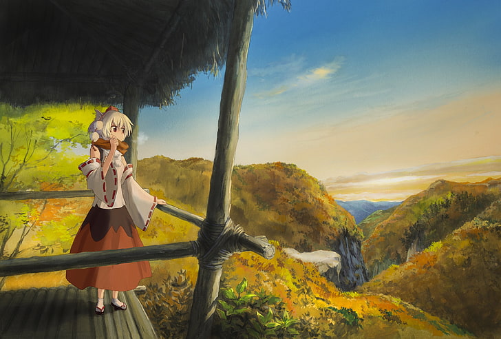 video games landscapes nature touhou skirts socks animal ears red eyes short hair sandals scarf whit Art Touhou HD Art