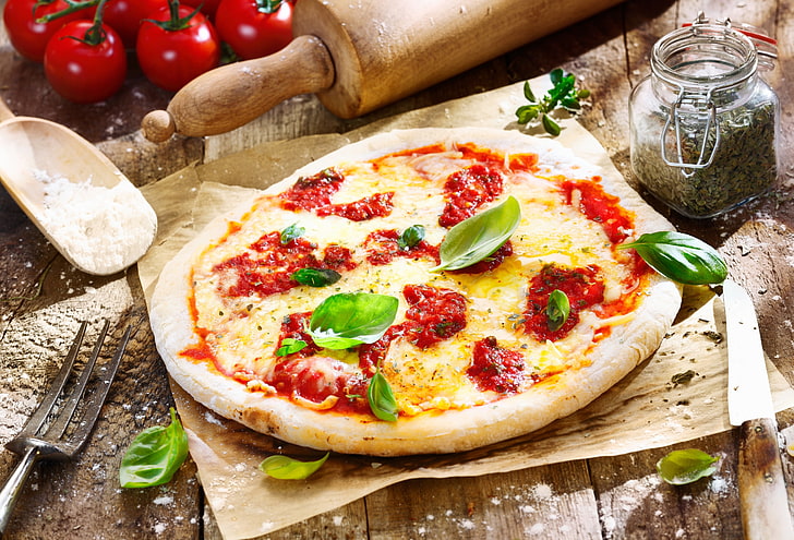 baked pizza, cheese, vegetables, food, tomato, basil, mozzarella