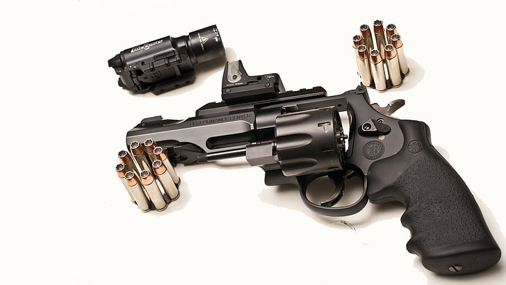 black revolver, gun, optics, white background, cartridges, sight