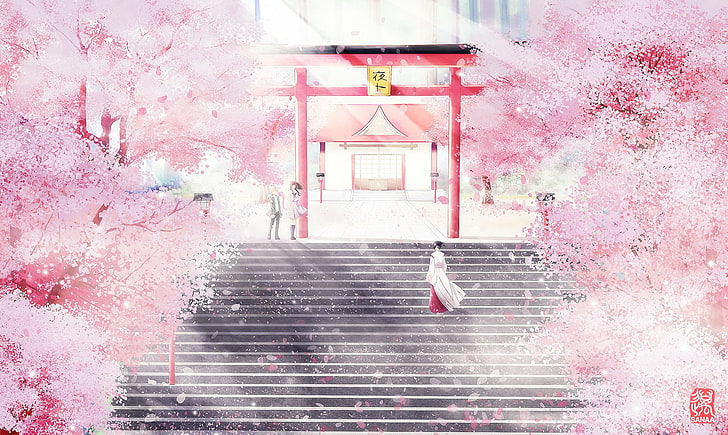 red torri gate illustration, Anime, Noragami, Brown Hair, Cherry Blossom, HD wallpaper