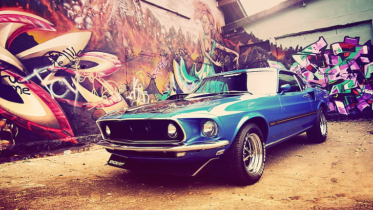 blue coupe, Ford, Ford Mustang, graffiti, car, Ford Mustang Mach 1
