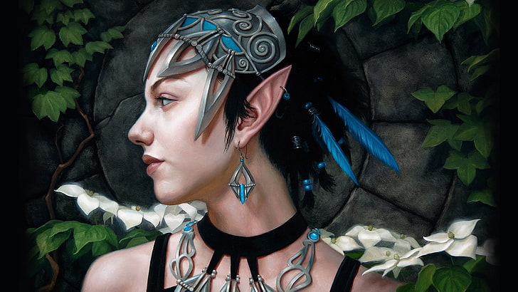 women's gray and blue headdress, fantasy art, elves, headshot
