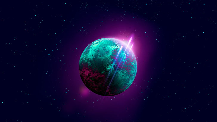 green planet digital wallpaper, space, stars, purple background, HD wallpaper