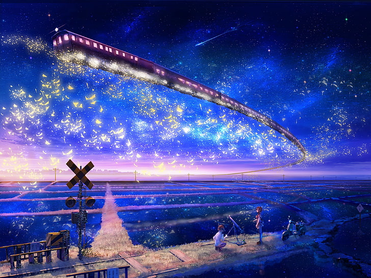 floating train wallpaper, train station, night, anime, artwork
