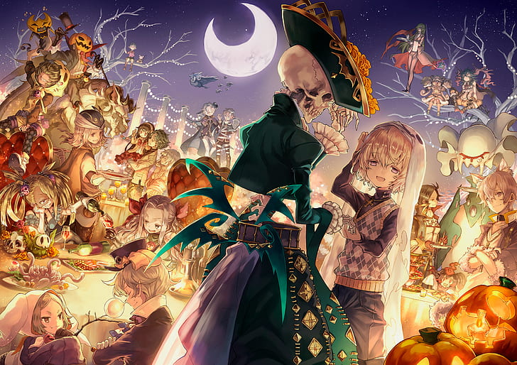 skull, trees, pumpkin, blushing, hair bows, food, sky, Halloween, HD wallpaper
