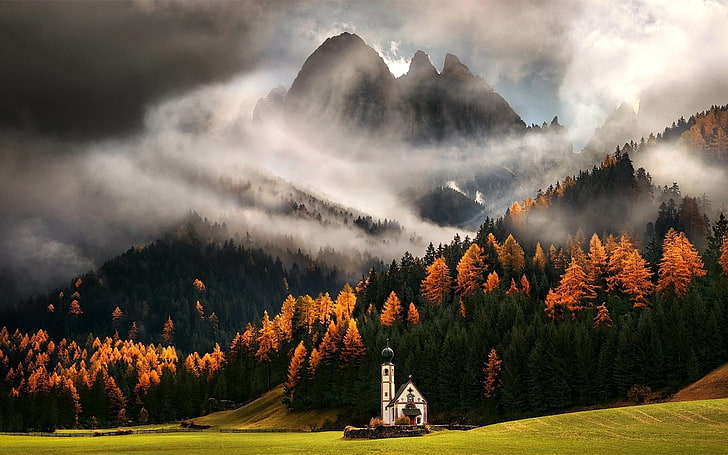 white church near mountain, white house, nature, mist, landscape