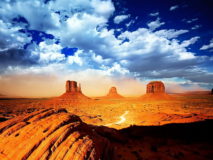 desert under blue sky photography, road, canyons, sand, stones, HD wallpaper