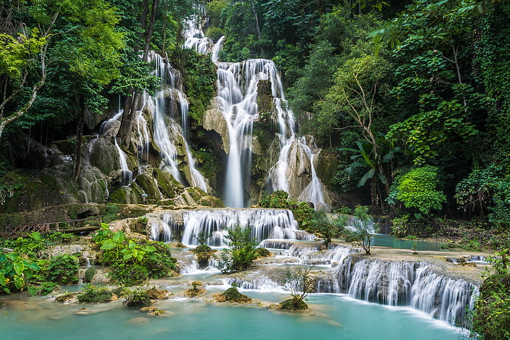 forest, trees, stones, rocks, waterfall, Laos, Kuang Si Waterfall, HD wallpaper