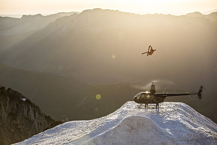 Candide Thovex, helicopters, skiing, skis, snow, mountain, mountain range, HD wallpaper