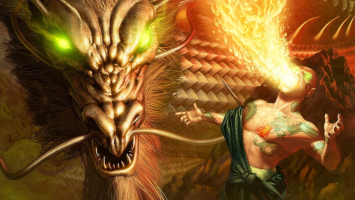 dragon and man blowing fire illustration, eyes, fantasy, backgrounds, HD wallpaper