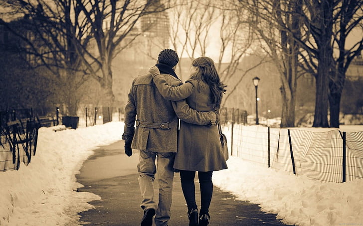 Couple walking in a park, man an dwoman photograph, love