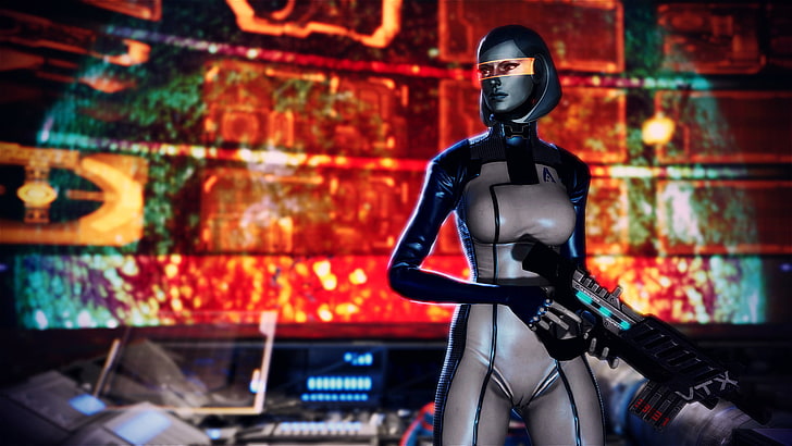 woman black and white suit gameplay screenshot, Robot, Mass Effect, HD wallpaper