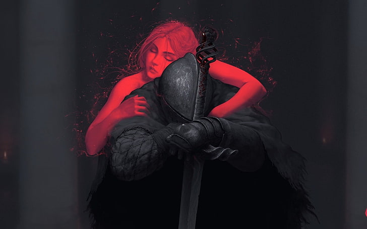 woman embracing kneeling knight wallpaper, artwork, fantasy art, HD wallpaper