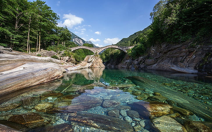 Verzasca River Switzerland Europe Stone Bridge Crystal Clear Water Rocks Coast Forest With Green Trees Blue Sky Landscape Hd Wallpaper 1920×1200
