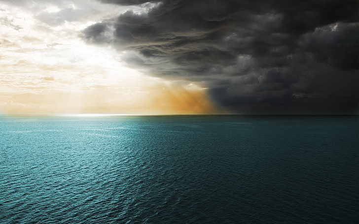clear body of water, sea, clouds, sky, blue, gray, landscape, HD wallpaper