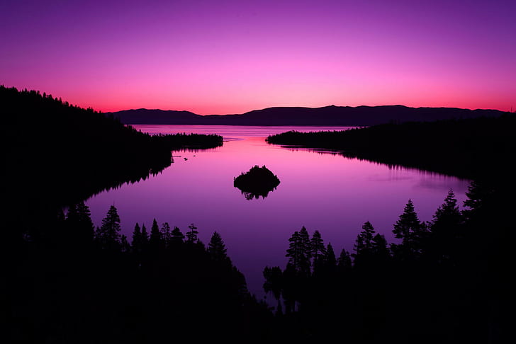photography nature landscape lake hills mountains sky pink forest dark island spruce purple sky