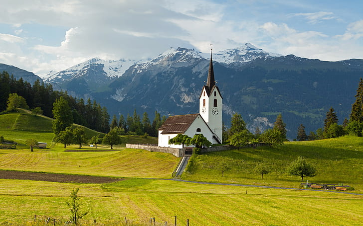 church, grass, mountains