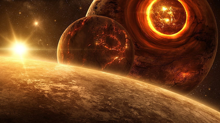 two planets and sun illustration, space, stars, space art, astronomy