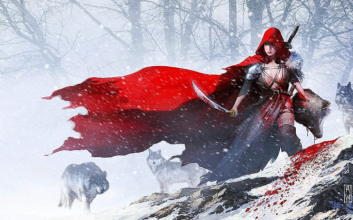 Red Riding Hood HD, woman holding head of wolf and sword un hooded suit anime character, HD wallpaper