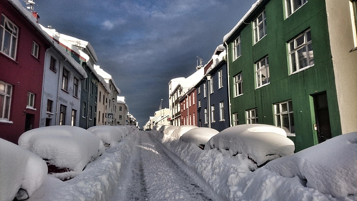 houses, cloudy, grettisgata, iceland, reykjavik, facade, blizzard