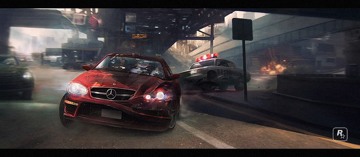 red Mercedes-Benz vehicle screengrab, the city, police, chase, HD wallpaper