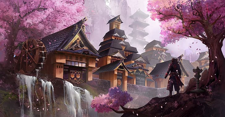 artwork, fantasy art, waterfall, cherry blossom, architecture