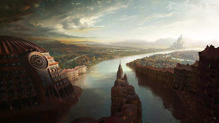 fantasy  backgrounds desktop, cloud - sky, water, architecture