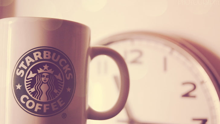 Starbucks Coffee mug, cup, coffee cup, logo, depth of field, clock