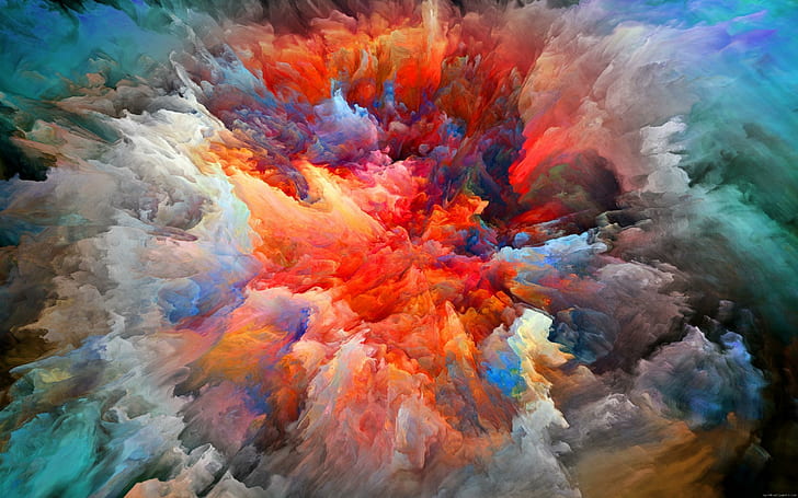 Explosion of color paint, orange white and green painting, smoke, HD wallpaper