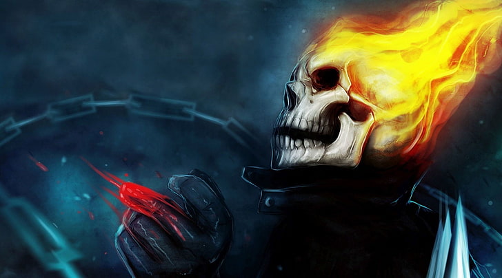 burning skull illustration, fantasy art, artwork, Ghost Rider
