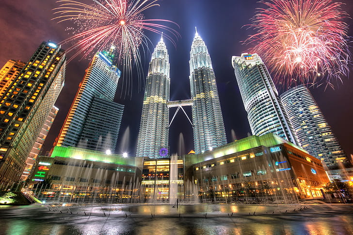 Petronas Towers, Kuala Lumpur, Malaysia, cityscape, fireworks, HD wallpaper
