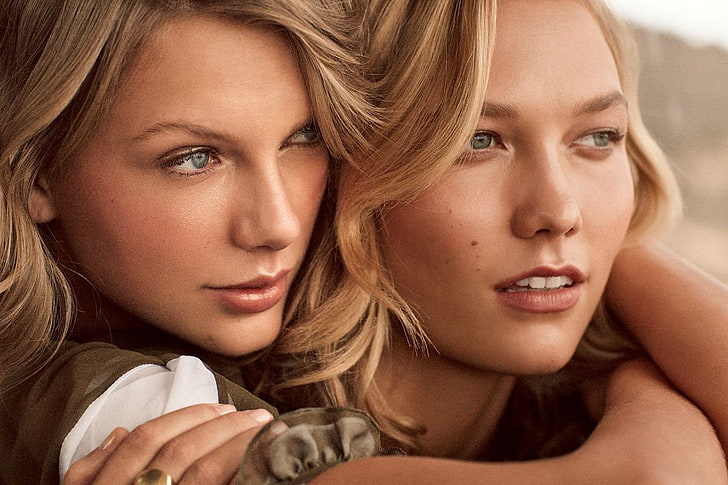 Taylor Swift, Karlie Kloss, blonde, blue eyes, green eyes, model, HD wallpaper