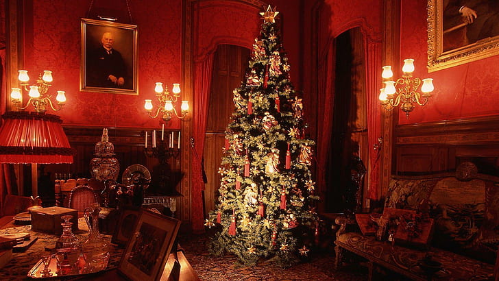 Christmas interior design, green white and red christmas tree