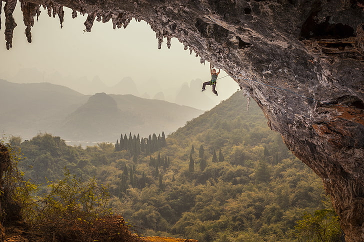 nature, landscape, trees, forest, China, Moon Hill, rock climbing