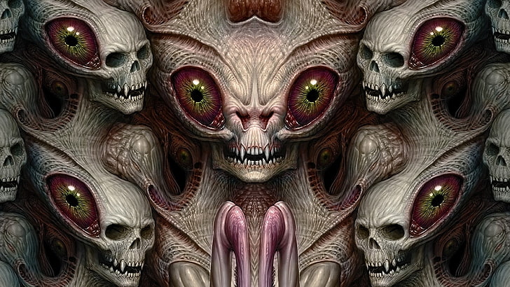 gray aliens digital wallpaper, creature, drawing, skull, eyes