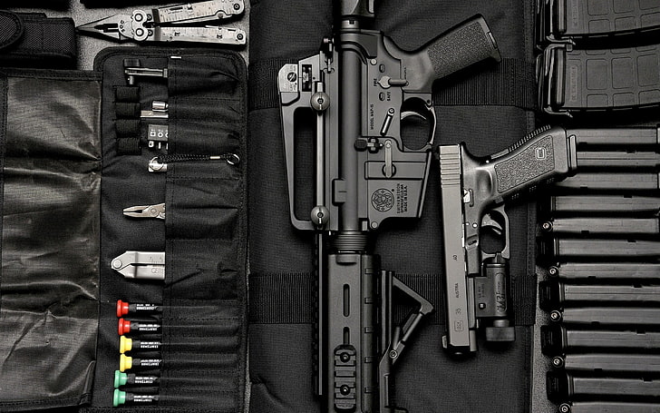 black assault rifle and pistol, gun, ammunition, Glock, Smith and Wesson