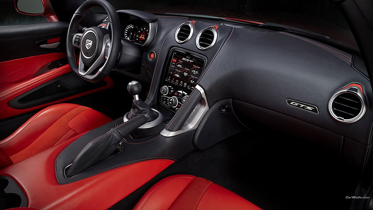 black vehicle interior, black and red car interior, Dodge Viper