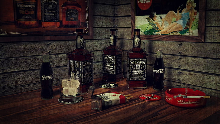 round red ashtray, ice, whiskey, smoking, bar, cigarette, bottles, HD wallpaper