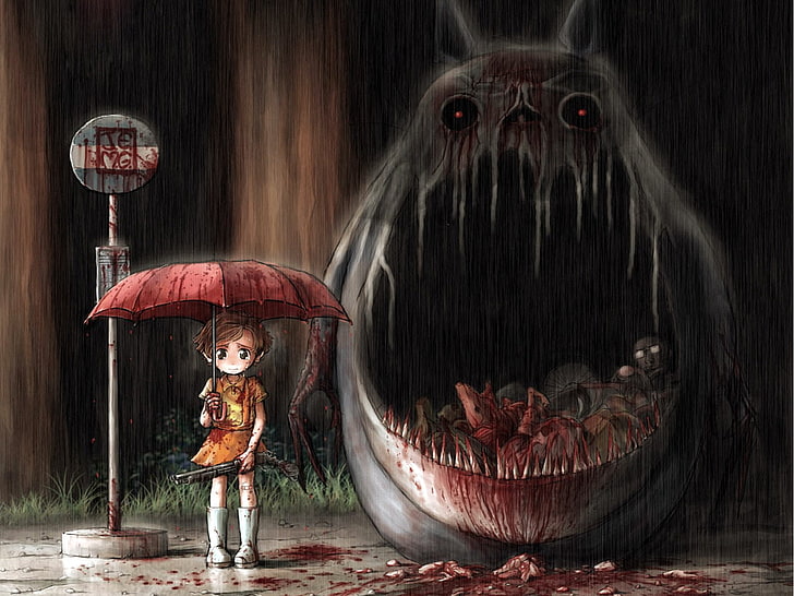 HD wallpaper: girl under red umbrella beside monster anime character  graphic wallpaper | Wallpaper Flare