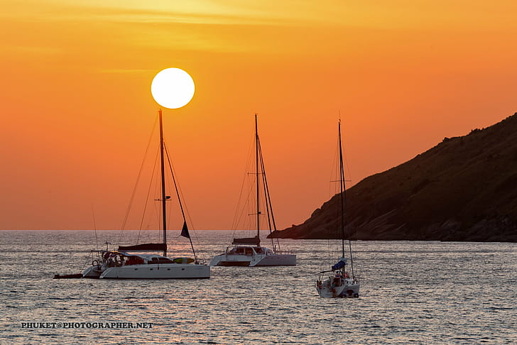 three sailboat under The sunset, phuket, phuket, yacht, catamaran