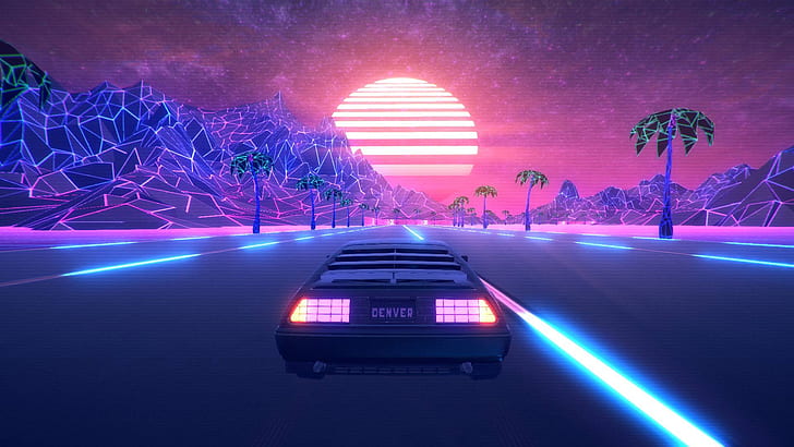 Road, The game, Neon, Machine, Palm trees, DeLorean DMC-12