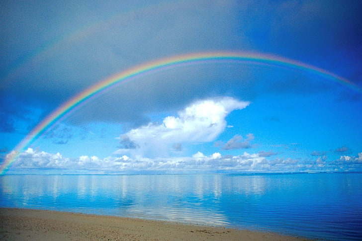 white clouds with rainbow, sea, sky, after rain, nature, blue, HD wallpaper