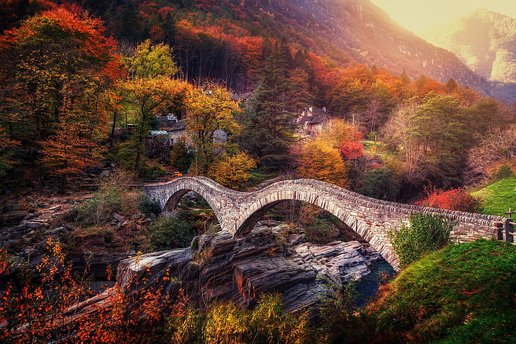 autumn, trees, bridge, Switzerland, Alps, Ticino, Lavertezzo, HD wallpaper