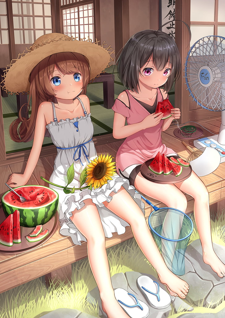 anime girls, summer, dress, watermelon, sunflower, fan, sandals