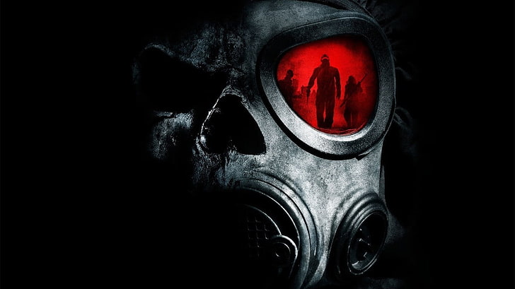 gas masks, apocalyptic, reflection, black background, sign