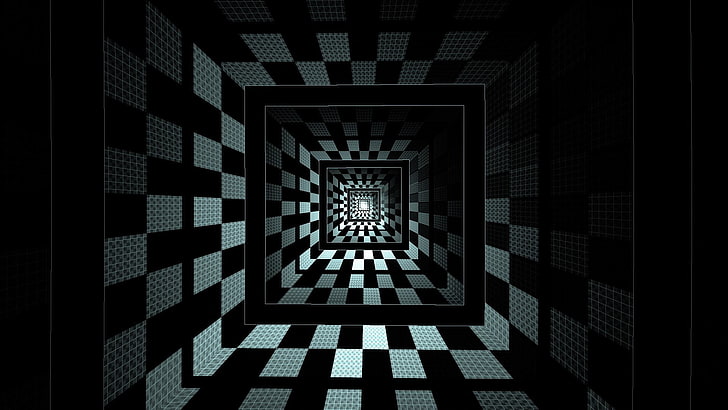 black and gray checkered wallpaper, optical illusion, square