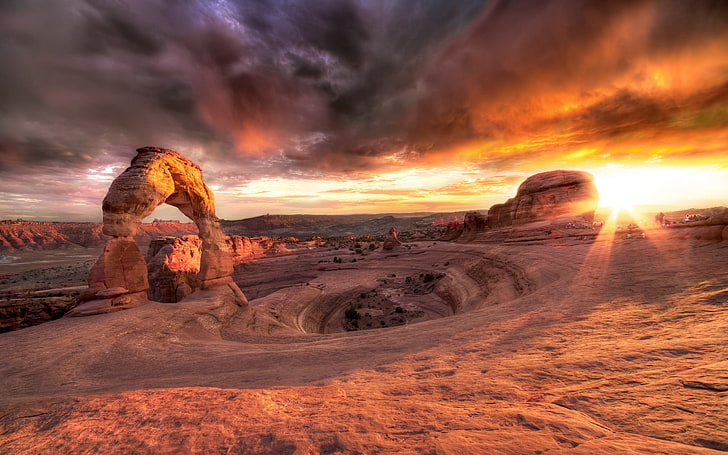 landscape, rock, nature, desert, sandstone, sunset, sky, cloud - sky, HD wallpaper