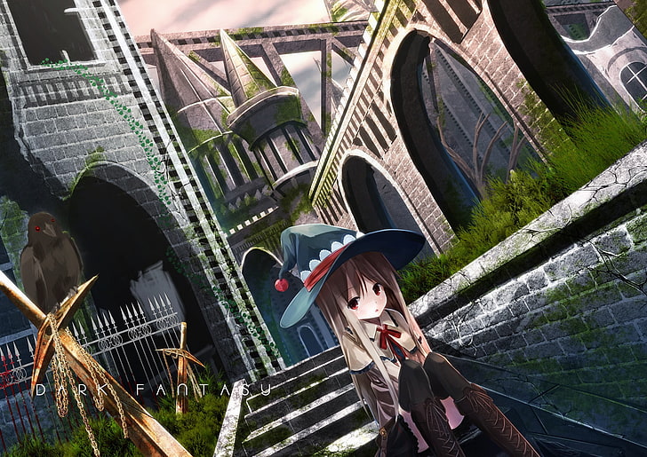 anime, anime girls, red eyes, hat, sword, crow, architecture